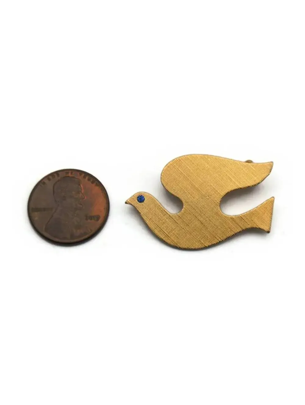 Vintage Brushed Gold Tone Dove Brooch with Blue Rhinestone Eye.